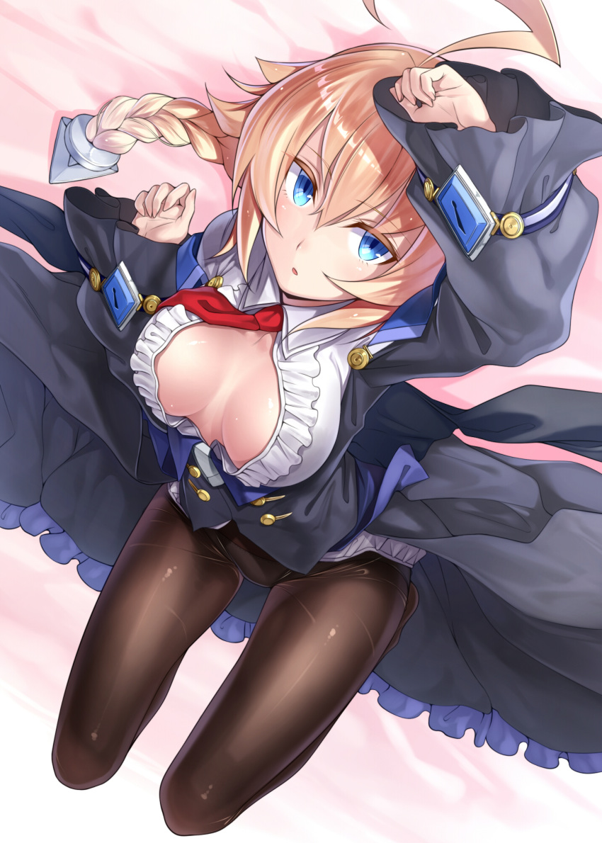 1girl ahoge bangs black_dress blazblue blonde_hair blue_eyes blush braid breasts brown_legwear center_frills cleavage_cutout collared_shirt dress dress_shirt es_(xblaze) highres huge_ahoge knees_up large_breasts long_hair long_sleeves looking_at_viewer lying necktie on_back open_clothes open_mouth open_shirt orochi_itto panties panties_under_pantyhose pantyhose red_neckwear shirt single_braid solo tattoo thighs underwear white_shirt xblaze xblaze_code:_embryo