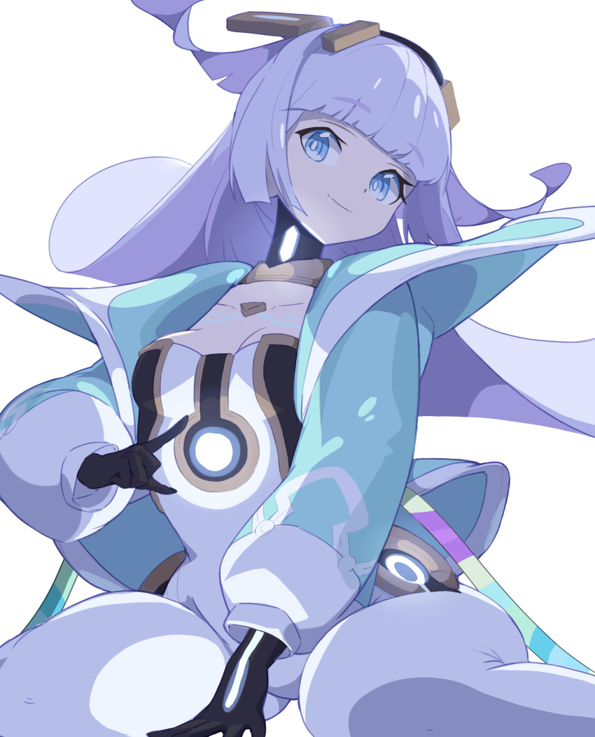 1girl black_gloves black_hairband blue_eyes blunt_bangs bodysuit breasts character_request commentary_request fujiwara_echi gloves hairband highres jacket long_hair looking_at_viewer shadowverse simple_background sitting smile solo wariza white_background white_bodysuit