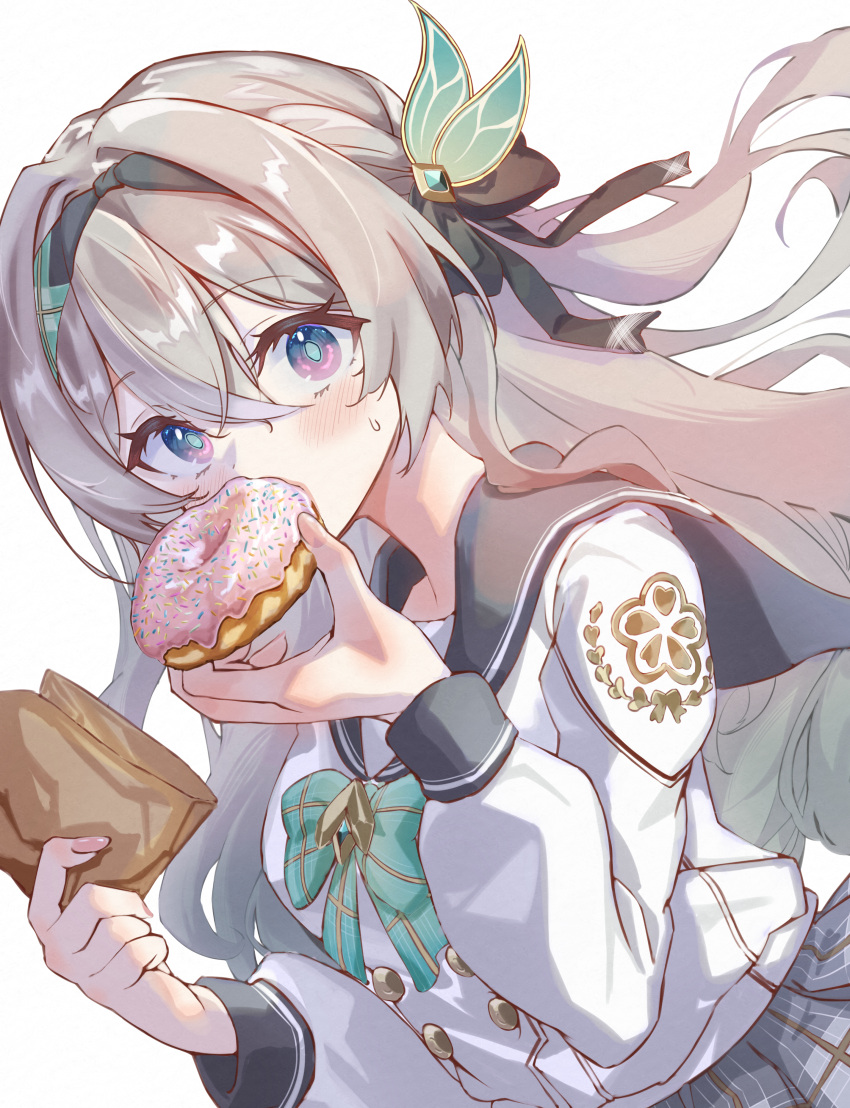 1girl absurdres bag black_hairband blue_pupils bow bowtie buttons commentary_request double-breasted doughnut dutch_angle eating firefly_(honkai:_star_rail) firefly_(spring_missive)_(honkai:_star_rail) floating_hair food grey_hair grey_sailor_collar grey_skirt hair_between_eyes hair_ornament hairband hands_up highres holding holding_bag holding_donut holding_food honkai:_star_rail honkai_(series) light_blush long_hair long_sleeves looking_at_viewer official_alternate_costume paper_bag plaid_bow plaid_bowtie plaid_clothes plaid_skirt puchitoro2 sailor_collar school_uniform serafuku shirt simple_background skirt solo upper_body violet_eyes white_background white_shirt