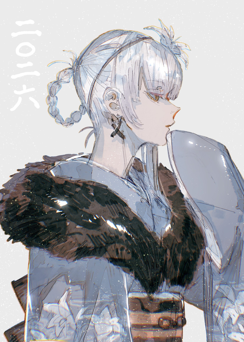 1girl absurdres black_hairband braid braided_hair_rings brown_eyes commentary_request earrings floral_print floral_print_kimono flower fur-trimmed_kimono fur_trim grey_background grey_hair grey_kimono hair_flower hair_ornament hair_rings hairband hand_to_own_mouth highres japanese_clothes jewelry kaine_(nier) kimono moony_(mogmogmelt) nier_(series) obi print_kimono profile sash single_sidelock sleeves_past_fingers sleeves_past_wrists solo upper_body