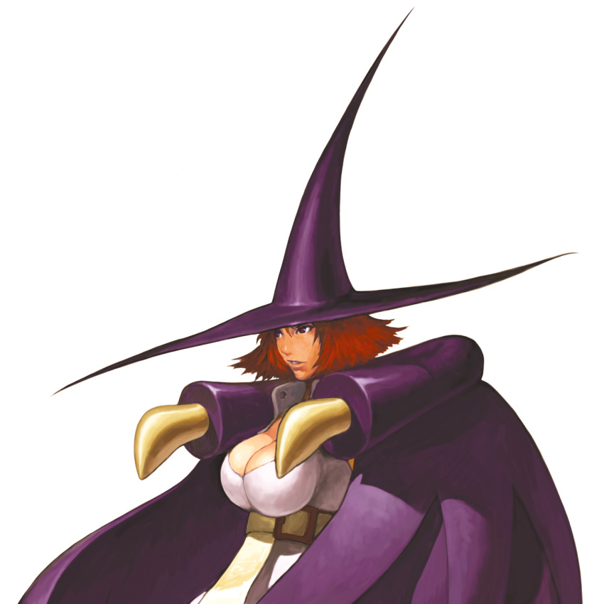breasts capcom cape cleavage hat highres large_breasts lipstick nona official_art red_earth red_hair redhead short_hair solo svc_chaos tabasa tessa warzard witch witch_hat