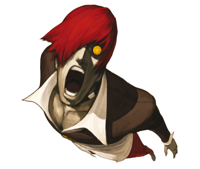 crazy_eyes hair_over_one_eye highres king_of_fighters male male_only nona official_art open_mouth red_hair redhead scary_eyes snk solo svc_chaos yagami_iori yellow_eyes