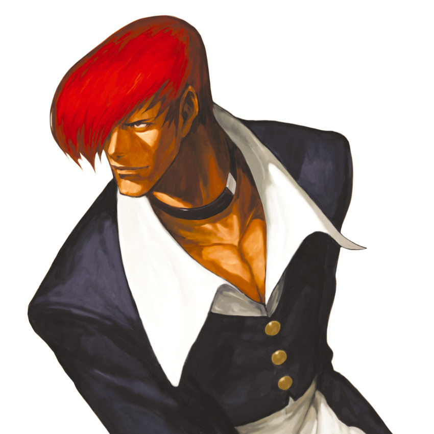 bust choker collar hair_over_one_eye highres king_of_fighters male nona official_art red_hair redhead snk solo svc_chaos yagami_iori