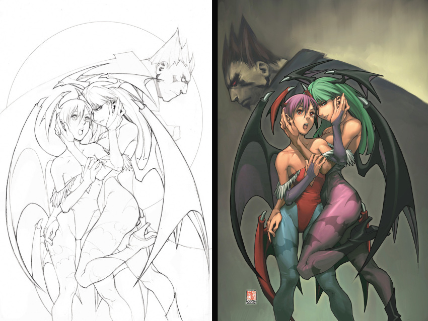 2girls :o arm_grab arnold_tsang bangs bare_shoulders bat bat_wings blue_legwear blue_pantyhose boots breasts bridal_gauntlets brown_hair capcom center_opening cleavage collarbone comparison demitri_maximoff demon_girl flat_chest frown fur_trim green_eyes green_hair grin hair_between_eyes hand_on_another's_face hand_on_thigh head_wings headwings high_heels highleg highleg_leotard highres hug incest large_breasts leg_lift legs leotard lilith_aensland lineart long_hair looking_at_viewer looking_away looking_back monochrome morrigan_aensland multiple_girls naughty_face open_mouth pantyhose parted_lips print_pantyhose profile purple_hair purple_legwear purple_pantyhose red_eyes shoes short_hair siblings sideboob signature sisters smile spiked_hair standing standing_on_one_leg succubus thick_thighs thighs udon udon_entertainment vampire vampire_(game) wings