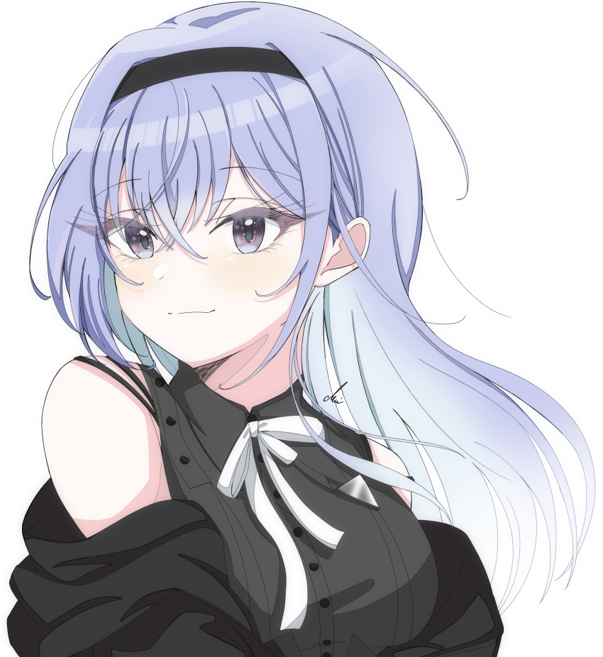 1girl 283_mei absurdres bare_shoulders black_hairband black_jacket black_shirt blue_hair blush cometik_note_(idolmaster) commentary floating_hair hairband highres idolmaster idolmaster_shiny_colors jacket jacket_partially_removed light_smile long_hair looking_at_viewer neck_ribbon official_alternate_costume ribbon shirt signature simple_background sleeveless sleeveless_shirt solo suzuki_hana upper_body violet_eyes white_background white_ribbon