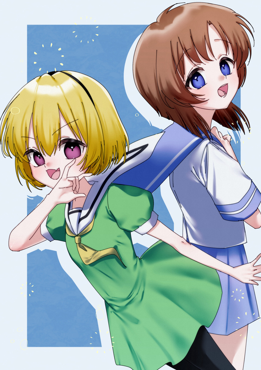 2girls \n/ absurdres alternate_hair_color arm_up black_hairband black_pantyhose blonde_hair blue_background blue_eyes blue_sailor_collar blue_skirt blush bob_cut border breasts brown_hair cropped_legs fang green_serafuku hairband highres higurashi_no_naku_koro_ni houjou_satoko looking_at_viewer multiple_girls nako_(milkyway-miffy) ojou-sama_pose open_mouth outside_border pantyhose puffy_short_sleeves puffy_sleeves ryuuguu_rena sailor_collar school_uniform serafuku short_hair short_sleeves skin_fang skirt small_breasts teeth violet_eyes white_border white_sailor_collar