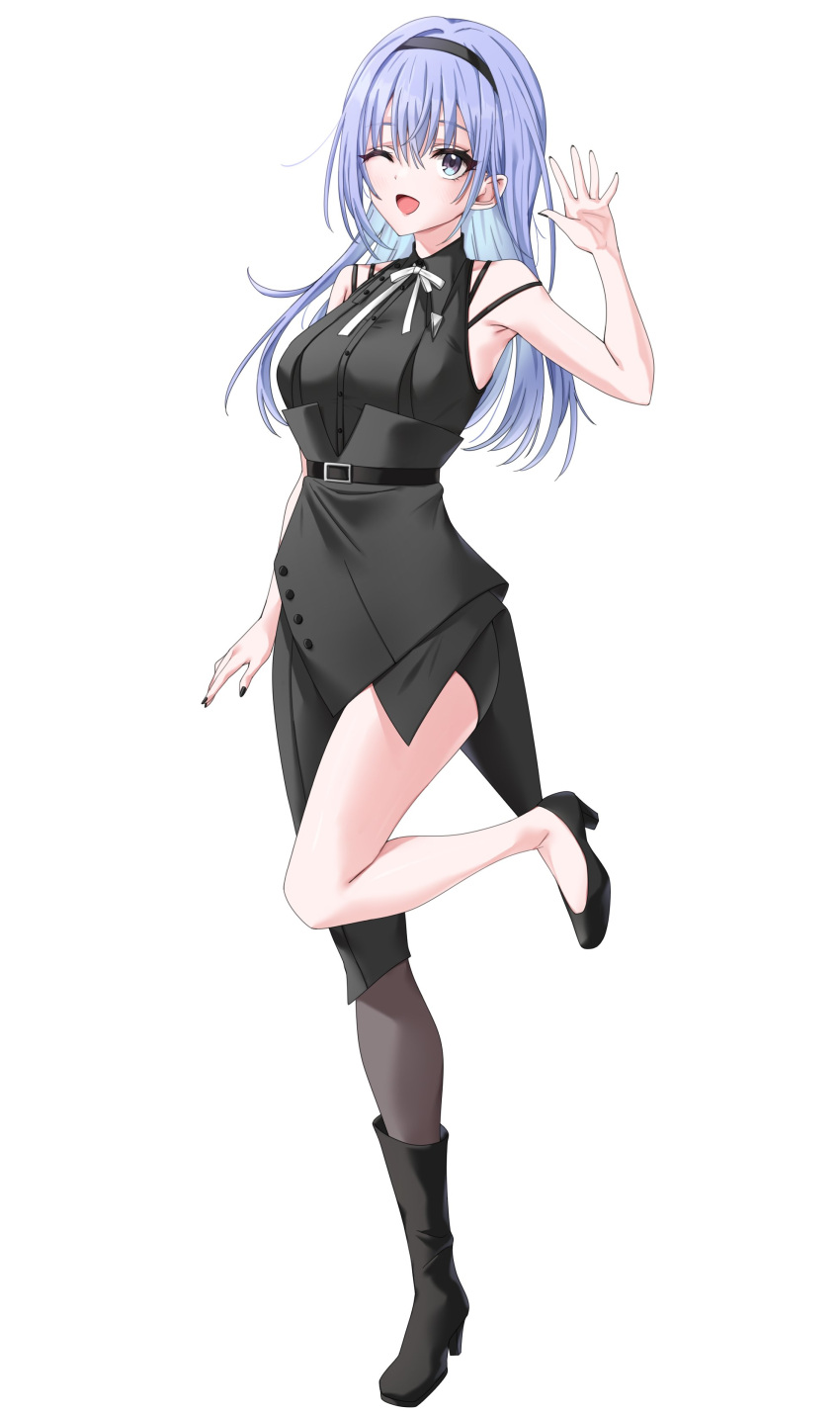 1girl absurdres arm_up asymmetrical_footwear asymmetrical_legwear bare_shoulders black_boots black_hairband black_nails black_shirt black_skirt blue_eyes blue_hair boots breasts cometik_note_(idolmaster) fingernails full_body hairband hashtag-only_commentary high_heels highres idolmaster idolmaster_shiny_colors landel looking_at_viewer medium_breasts nail_polish one_eye_closed shirt single_boot single_leg_pantyhose skirt sleeveless sleeveless_shirt solo standing standing_on_one_leg suzuki_hana