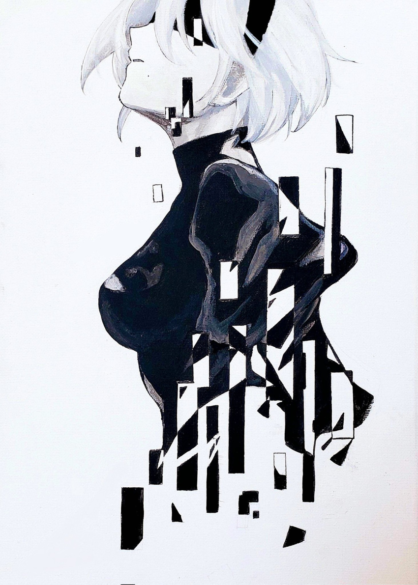 1girl 2b_(nier:automata) black_dress black_hairband blindfold breasts commentary_request covered_eyes dress from_side glitch grn_tea_lat hairband highres juliet_sleeves long_sleeves medium_breasts mole mole_under_mouth nier:automata nier_(series) oil_painting_(medium) painting_(medium) parted_lips profile puffy_sleeves short_hair sideways_mouth simple_background solo traditional_media white_background white_hair