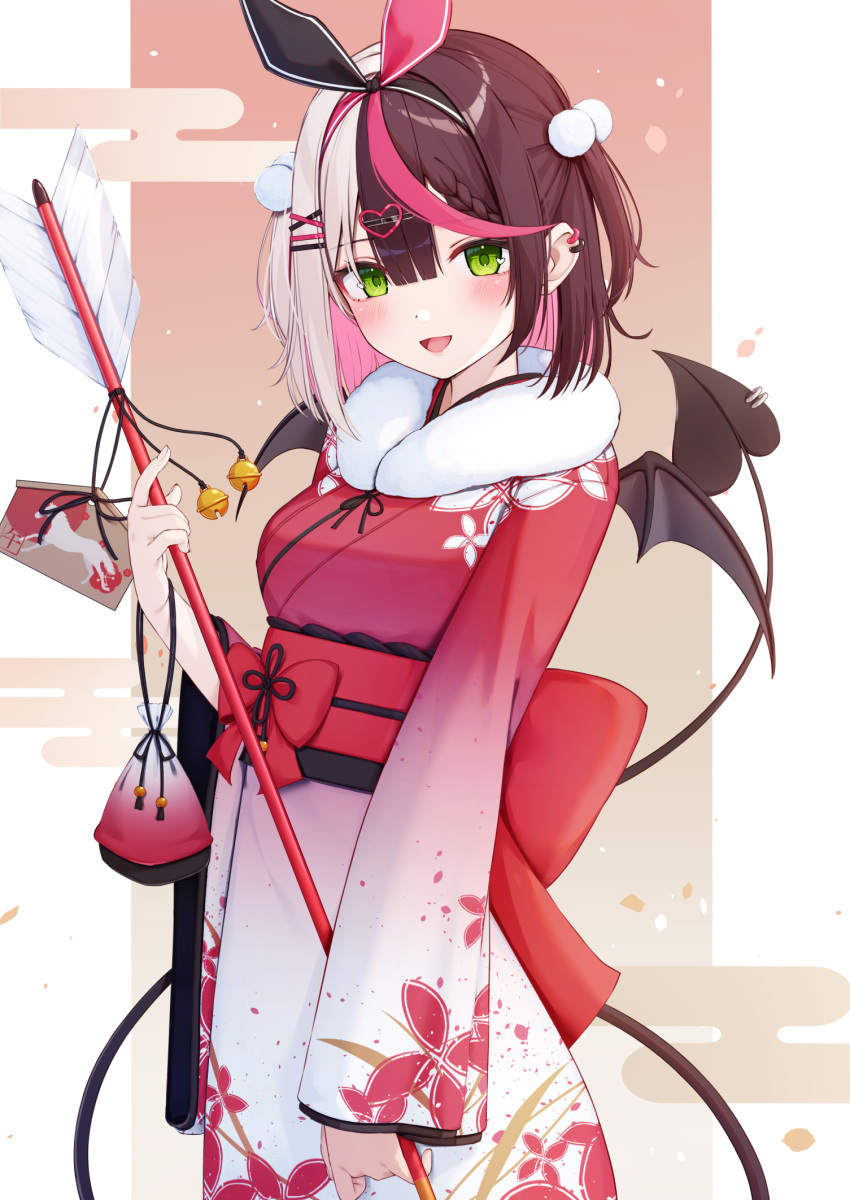 1girl :d arrow_(projectile) bell black_hairband black_ribbon braid braided_bangs brown_background brown_hair commentary_request egasumi ema gradient_clothes gradient_kimono green_eyes hair_between_eyes hair_ribbon hairband hamaya highres holding holding_arrow japanese_clothes jingle_bell kimono looking_at_viewer multicolored_hair nyan_(reinyan_007) obi original pink_hair pink_hairband pink_ribbon red_kimono ribbon sash smile solo two-tone_background two-tone_hair two_side_up white_background white_hair white_kimono