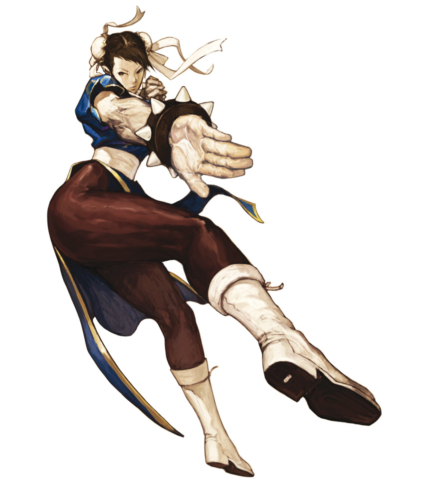boots bracelet bun_cover capcom chun-li double_bun double_buns highres jewelry nona official_art pantyhose spiked_bracelet spikes street_fighter svc_chaos thick_thighs thighs