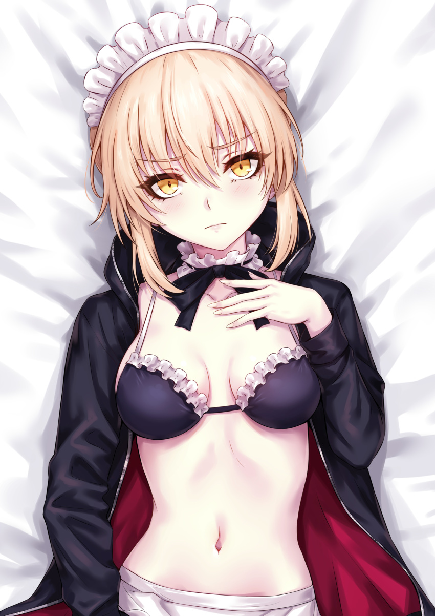 1girl absurdres artoria_pendragon_(all) artoria_pendragon_(swimsuit_rider_alter) bangs bare_shoulders bikini black_bikini black_jacket blonde_hair blush braid breasts choker collarbone dakimakura fate/grand_order fate_(series) french_braid frilled_bikini frilled_choker frills highres jacket long_hair long_sleeves looking_at_viewer maid maid_headdress medium_breasts navel open_clothes open_jacket sakiyamama swimsuit yellow_eyes