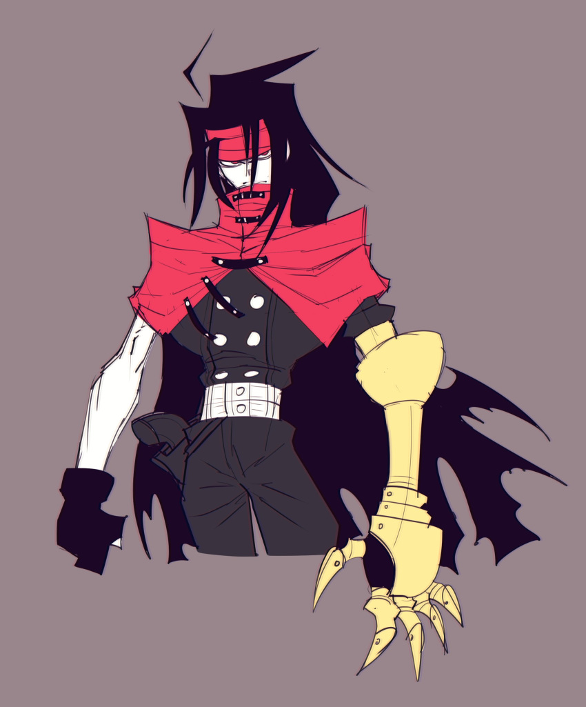 1boy absurdres ahoge black_hair cape clawed_gauntlets cloak dirge_of_cerberus_final_fantasy_vii final_fantasy final_fantasy_vii fingerless_gloves frown gauntlets gloves headband highres ianoquinnzel long_hair looking_at_viewer male_focus red_eyes simple_background solo tattered_cape torn_cape torn_cloak torn_clothes turks vincent_valentine weapon