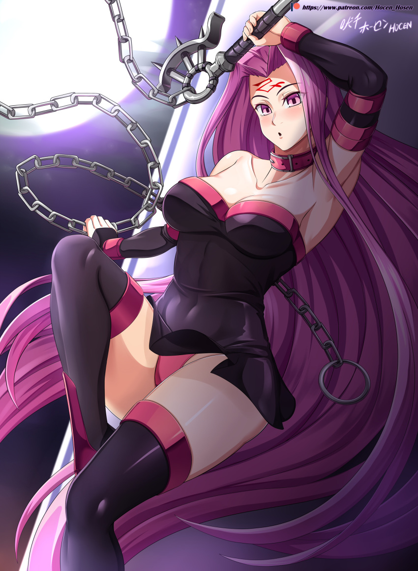 1girl absurdres black_dress black_footwear boots breasts collar collarbone detached_sleeves dress dress_lift facial_mark fate/grand_order fate/stay_night fate_(series) forehead_mark high_heel_boots high_heels highres large_breasts long_hair nameless_dagger panties purple_hair purple_panties rider short_dress solo square_pupils thigh-highs thigh_boots underwear very_long_hair vilde_loh_hocen violet_eyes