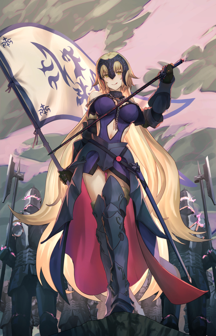 1girl absurdres ahoge armor armored_boots armored_dress bangs blonde_hair boots breasts commentary_request eyebrows_visible_through_hair fate/grand_order fate_(series) from_below gauntlets headpiece highres holding holding_sword holding_weapon jeanne_d'arc_(alter)_(fate) jeanne_d'arc_(fate) jeanne_d'arc_(fate)_(all) knight large_breasts long_hair looking_at_viewer navel outdoors shouhei silver_hair smile solo_focus sword tongue tongue_out weapon yellow_eyes
