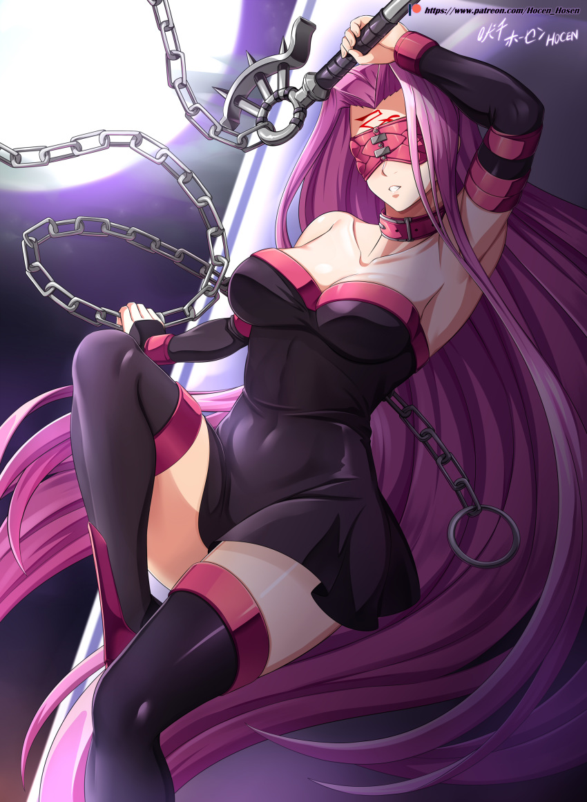 1girl absurdres black_dress black_footwear blindfold boots breasts collar collarbone covered_eyes detached_sleeves dress facial_mark fate/grand_order fate/stay_night fate_(series) forehead_mark high_heel_boots high_heels highres large_breasts long_hair nameless_dagger purple_blindfold purple_hair rider short_dress solo thigh-highs thigh_boots very_long_hair vilde_loh_hocen