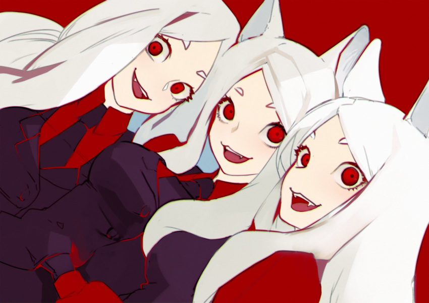 3girls animal_ear_fluff animal_ears cerberus_(helltaker) demon_girl dog_ears fang fang_out formal helltaker long_hair looking_at_viewer multiple_girls necktie nido_celisius red_background red_eyes red_shirt shirt siblings sisters suit white_hair