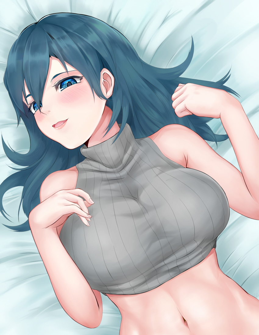 1girl :d absurdres armpit_crease bangs barefoot bed_sheet blue_eyes blue_hair blush breasts byleth_(fire_emblem) byleth_eisner_(female) commentary_request crop_top dutch_angle eyebrows_behind_hair fire_emblem fire_emblem:_three_houses grey_shirt hair_between_eyes highres large_breasts looking_at_viewer medium_hair midriff navel on_bed open_mouth ribbed_shirt shiraga_moyashi shirt sidelocks sleeveless sleeveless_turtleneck smile solo taut_clothes taut_shirt turtleneck upper_body