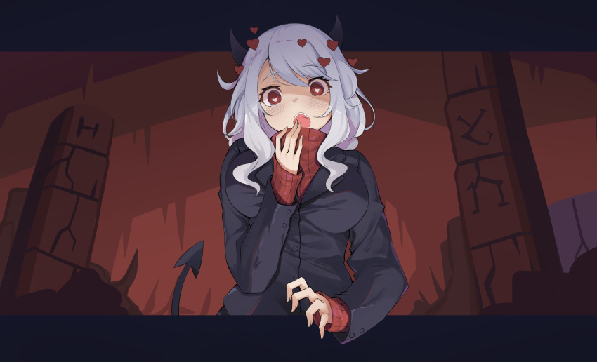 1girl absurdres black_suit breasts demon_girl demon_horns demon_tail heart heart-shaped_pupils helltaker highres horns large_breasts letterboxed long_hair long_sleeves looking_at_viewer modeus_(helltaker) open_mouth red_eyes red_sweater sleeves_past_wrists solo sweater symbol-shaped_pupils tail turtleneck white_hair z_loader