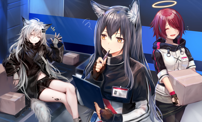 3girls :d ^_^ ahoge animal_ear_fluff animal_ears arknights bangs bare_legs black_capelet black_gloves black_hair black_jacket black_legwear black_shorts black_skirt box breasts brown_eyes capelet cardboard_box closed_eyes commentary_request cowboy_shot earrings exusiai_(arknights) eyebrows_visible_through_hair feet_out_of_frame fingerless_gloves flying_sweatdrops gloves grey_eyes grey_gloves grin hair_between_eyes hair_ornament hair_over_one_eye hairclip halo hand_up high_collar highres holding holding_box holding_pen id_card indoors jacket jewelry lappland_(arknights) long_hair long_sleeves looking_at_viewer miniskirt multiple_girls navel one_eye_closed open_mouth ore_lesion_(arknights) pantyhose pen raglan_sleeves redhead scar scar_across_eye short_shorts short_sleeves shorts silver_hair sitting skirt small_breasts smile standing sukemyon sweat tail texas_(arknights) thighs upper_body very_long_hair white_jacket wide_sleeves wolf_ears wolf_tail