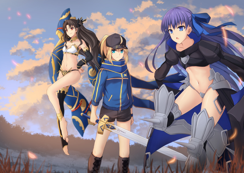 3girls ahoge anklet armlet armored_boots artoria_pendragon_(all) asymmetrical_legwear asymmetrical_sleeves bangs baseball_cap bikini black_hair black_headwear black_shorts blonde_hair blue_eyes blue_jacket blue_ribbon blue_scarf boots bridal_gauntlets cross_(crossryou) crotch_plate crown detached_collar earrings elbow_gloves excalibur fate/extra fate/extra_ccc fate/grand_order fate_(series) gloves greaves green_eyes hair_through_headwear hat heavenly_boat_maanna highres holding holding_sword holding_weapon hoop_earrings ishtar_(fate)_(all) ishtar_(fate/grand_order) jacket jewelry meltryllis mismatched_bikini multiple_girls mysterious_heroine_x navel neck_ring open_track_jacket parted_bangs prosthesis prosthetic_leg purple_hair red_eyes revealing_clothes ribbon scarf shorts single_elbow_glove single_sleeve single_thighhigh sleeves_past_fingers sleeves_past_wrists swimsuit sword thigh-highs tiara toeless_legwear track_jacket weapon