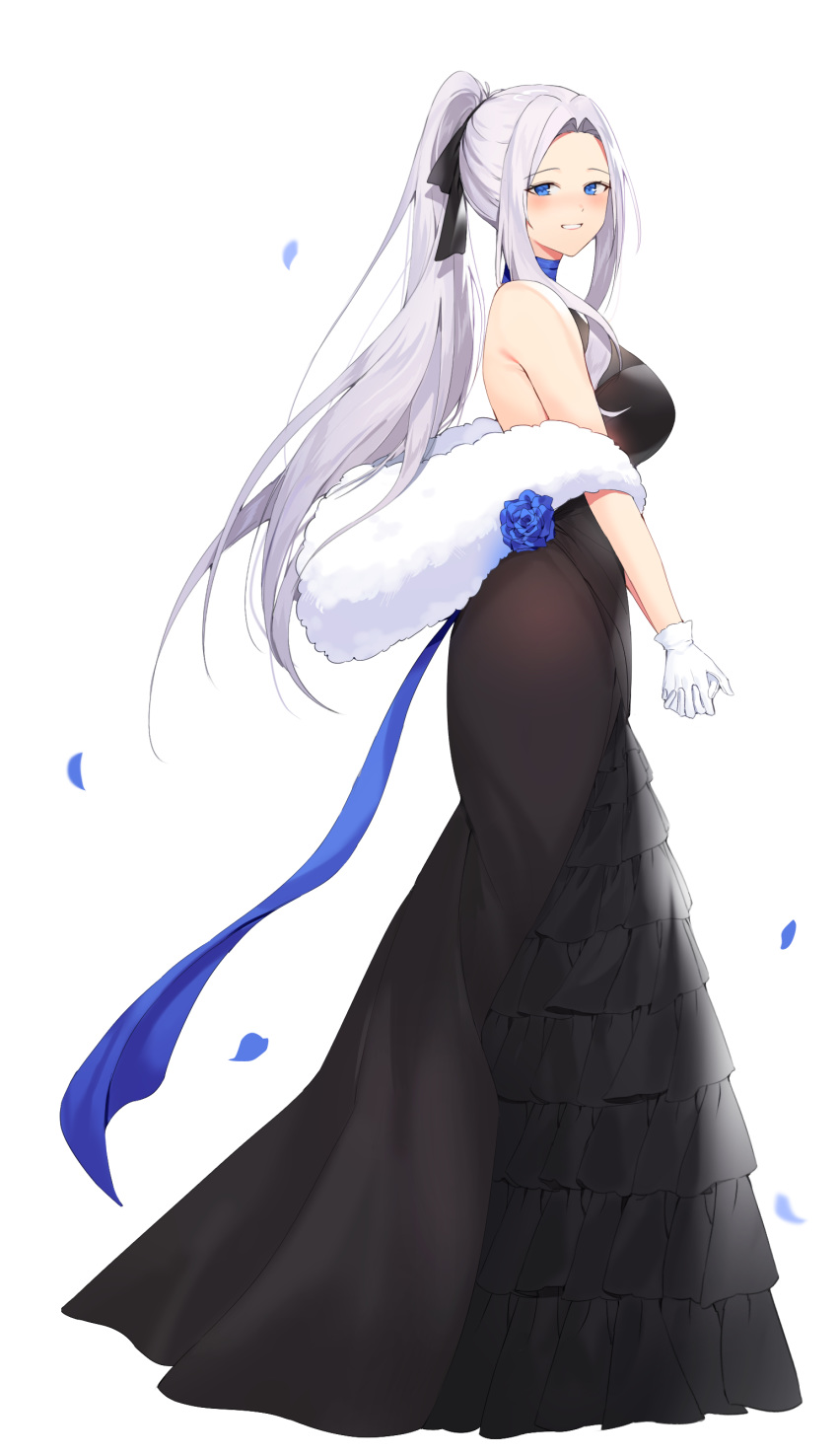 1girl :d absurdres azur_lane bare_shoulders black_dress blue_eyes blue_flower blue_rose blush breasts cho_yeon26 commission dress flower forehead from_side full_body gloves grin high_ponytail highres large_breasts layered_dress long_hair looking_at_viewer looking_to_the_side open_mouth own_hands_together petals rose rose_petals shawl silver_hair simple_background sleeveless sleeveless_dress smile solo standing teeth very_long_hair white_background white_gloves yorktown_(azur_lane)