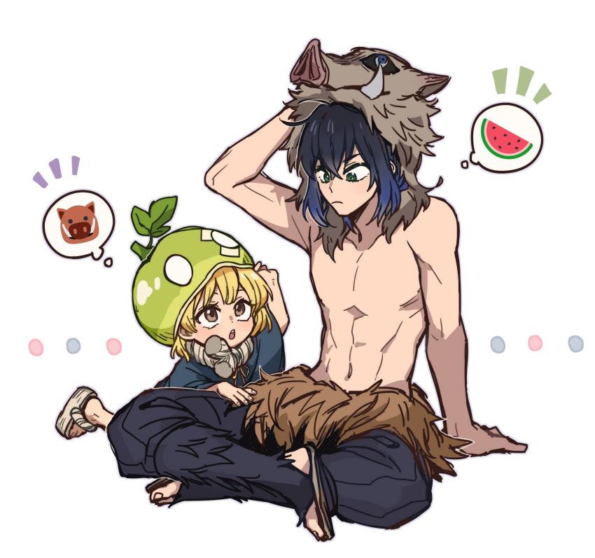 1boy 1girl absurdres black_hair blonde_hair boar_mask brown_eyes dcon_34 dr._stone food fruit full_body gradient_hair green_eyes hashibira_inosuke highres kimetsu_no_yaiba multicolored_hair sandals shirtless short_hair simple_background sitting suika_(dr.stone) thought_bubble watermelon white_background