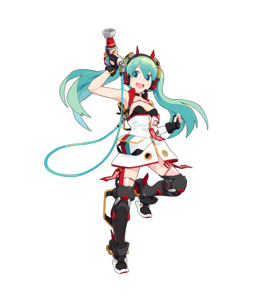 1girl aqua_eyes aqua_hair arm_up belt black_gloves commentary dress fingerless_gloves full_body gloves goodsmile_racing hatsune_miku headphones headset highres impact_wrench lena_(zoal) looking_at_viewer official_art open_mouth racing_miku racing_miku_(2020) shin_guards sleeveless sleeveless_dress smile solo vocaloid white_background white_dress