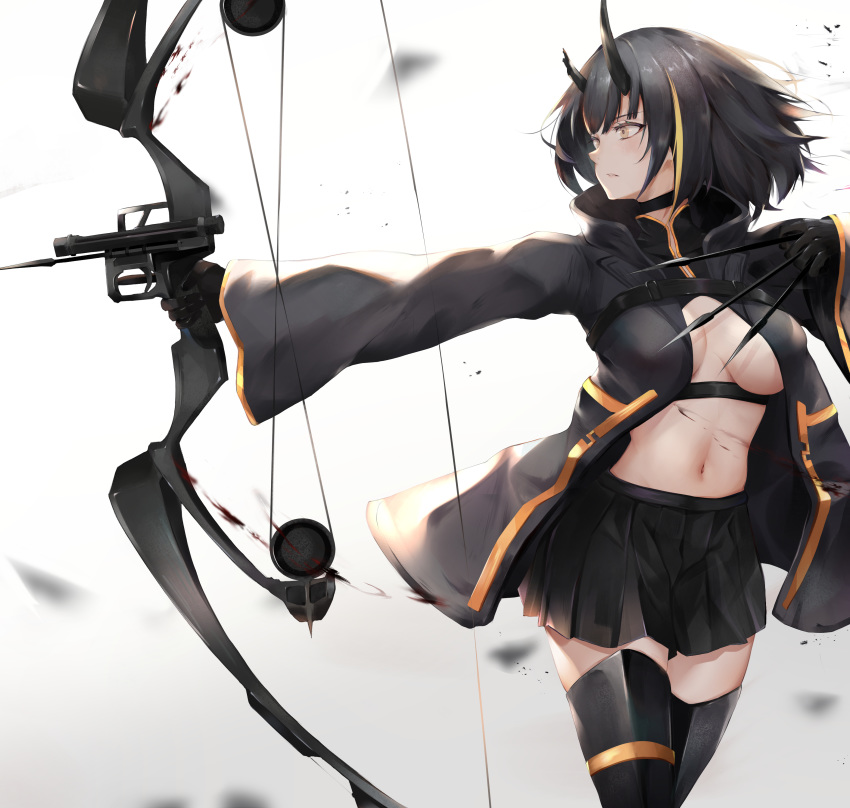 1girl absurdres armored_boots arrow_(projectile) between_fingers black_choker black_coat black_gloves black_hair black_skirt blurry boots bow_(weapon) breasts breasts_apart bruise choker coat compound_bow cowboy_shot crop_top gloves highres holding injury kisaki_oni large_breasts looking_away midriff miniskirt multicolored_hair navel no_bra oni_horns open_clothes open_coat original outstretched_arm pleated_skirt revealing_clothes short_hair skirt solo stomach streaked_hair thigh-highs thigh_boots weapon white_background yellow_eyes zettai_ryouiki