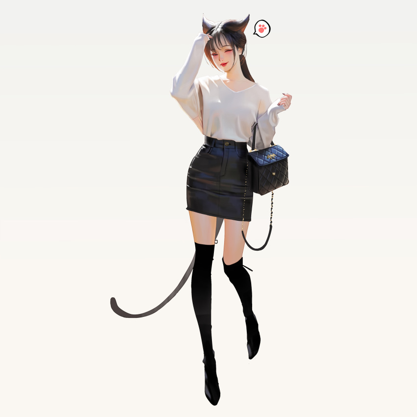 1girl ;) absurdres animal_ears bag bangs black_skirt brown_eyes brown_hair cat_ears cat_girl cat_tail closed_mouth copyright_request handbag highres lipstick long_sleeves looking_at_viewer makeup miniskirt one_eye_closed shirt shoes simple_background skirt sleeves_past_wrists smile spoken_paw tail thigh-highs white_background white_shirt wonbin_lee