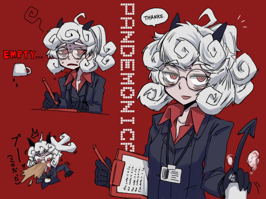 1girl black_gloves black_horns black_jacket black_tail breasts business_suit clipboard closed_mouth coffee coffee_mug collared_shirt cup curly_hair demon_girl demon_horns demon_tail eyebrows_visible_through_hair formal glasses gloves helltaker highres holding holding_cup horns jacket long_sleeves looking_at_viewer medium_breasts medium_hair monster_girl mug naui_kudan open_mouth pandemonica_(helltaker) pen ponytail red_background red_eyes red_shirt shirt short_hair simple_background small_breasts smile solo speech_bubble steam suit tail upper_body white_hair