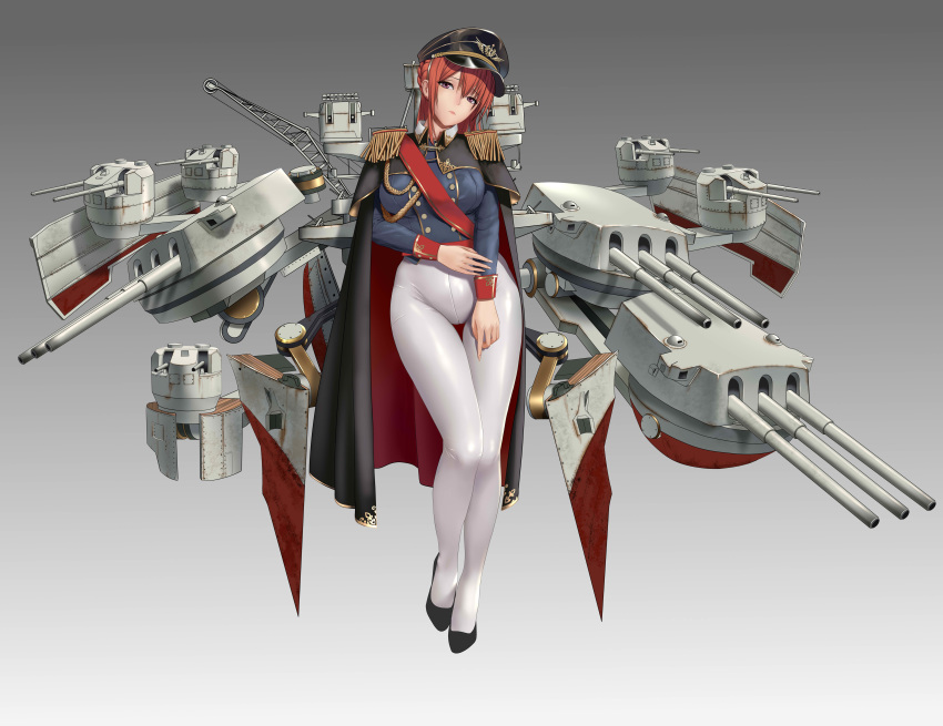 1girl absurdres alternate_costume azur_lane black_cape black_headwear braid breasts cape commentary_request epaulettes high_heels highres large_breasts legs long_hair looking_at_viewer monarch_(azur_lane) red_ribbon redhead ribbon rigging simple_background skin_tight solo thighs turret white_legwear yoga_(1013968)