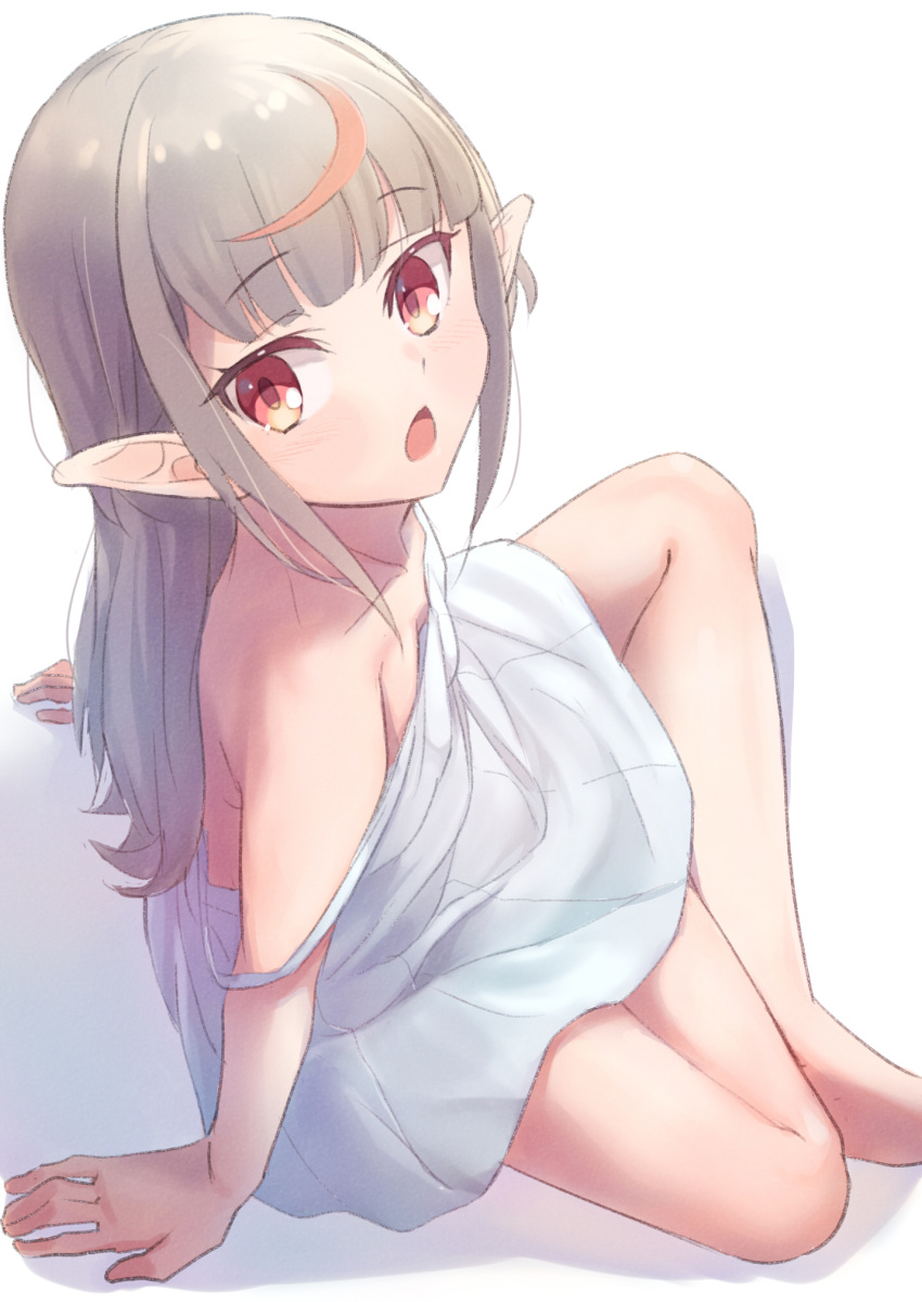 1girl :o arm_support bare_legs bare_shoulders barefoot blush dress eyebrows_visible_through_hair grey_hair highres indian_style long_hair looking_at_viewer makaino_ririmu multicolored_hair nijisanji off_shoulder open_mouth pointy_ears red_eyes redhead sabamen sidelocks simple_background sitting sleeveless sleeveless_dress solo streaked_hair virtual_youtuber white_background white_dress