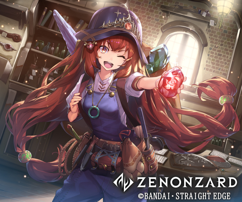 1girl ;d belt belt_pouch book bottle brown_hair cabinet copyright_name dutch_angle essual_(layer_world) gem helmet highres indoors jewelry long_hair necklace official_art one_eye_closed open_mouth overalls pants pouch short_sleeves smile solo very_long_hair watermark zenonzard
