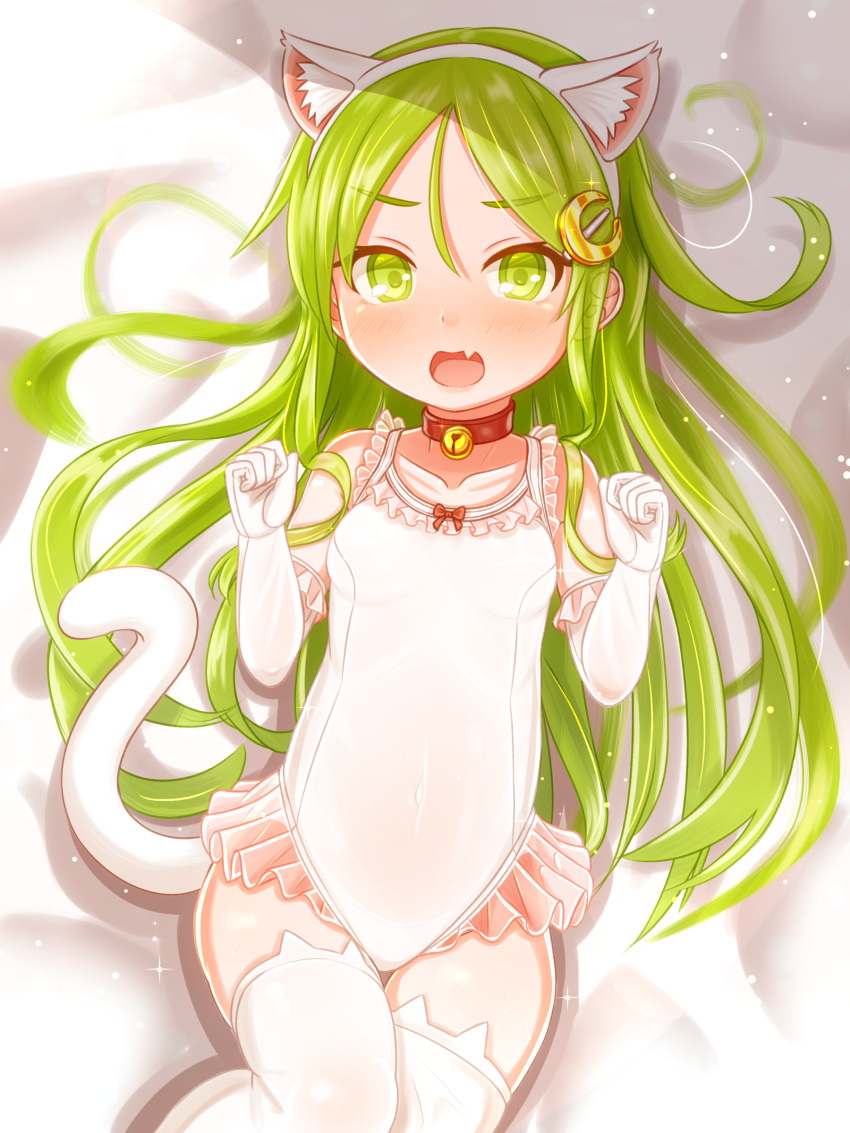 1girl absurdres alternate_costume animal_ears bed_sheet bell blush cat_ears cat_tail clenched_hands collarbone crescent crescent_hair_ornament elbow_gloves fake_animal_ears fang gloves green_eyes green_hair hair_ornament highres jingle_bell kantai_collection long_hair nagatsuki_(kantai_collection) open_mouth skin_fang solo suzushiro_(gripen39) tail thigh-highs white_gloves white_legwear