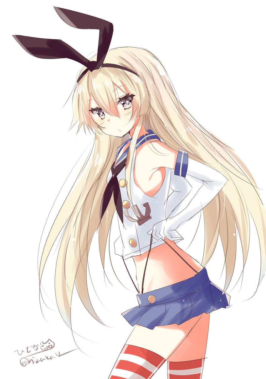 1girl anchor_hair_ornament bare_shoulders black_hairband black_panties blonde_hair blue_sailor_collar blush crop_top elbow_gloves eyebrows_visible_through_hair gloves grey_eyes hair_ornament hairband highleg highleg_panties highres hizaka kantai_collection long_hair looking_at_viewer microskirt miniskirt panties sailor_collar school_uniform serafuku shimakaze_(kantai_collection) simple_background skirt solo striped striped_legwear thigh-highs twitter_username underwear white_background white_gloves