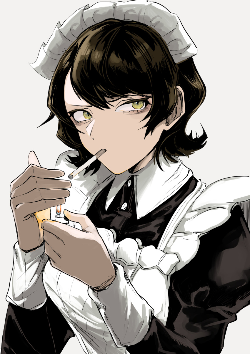 1girl apron bangs black_dress black_hair breasts cigarette collared_shirt dress fire flame fufu_(fufuichi04) highres holding lighter lighting_cigarette long_sleeves looking_to_the_side maid maid_headdress original shirt short_hair smoking solo upper_body white_apron white_background yellow_eyes