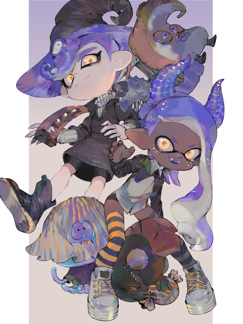 1boy 1girl :d blue_hair blue_hairband candy chum_(splatoon) closed_mouth conductor_namako dark_skin demon_horns domino_mask fake_horns fangs food hairband halloween highres horns inkbrush_(splatoon) inkling jellyfish_(splatoon) legs_apart long_hair long_sleeves looking_at_viewer mask mismatched_legwear mohawk octarian octoling octotrooper open_mouth paint paintbrush pointy_ears salmonid sea_cucumber shoes smile splatoon_(series) splatoon_2 splatoon_2:_octo_expansion standing striped striped_legwear suction_cups teeth tentacle_hair thigh-highs urutora v-shaped_eyebrows very_dark_skin yellow_eyes zettai_ryouiki