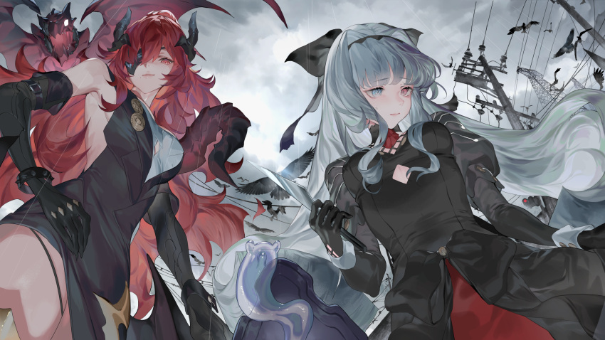 2girls alchemy_stars armpits bangs bare_shoulders bird black_dress black_gloves blue_eyes blue_hair breasts character_request crow dragon dress elbow_gloves eyebrows_visible_through_hair gloves hairband hand_on_hip heterochromia highres hillly_(maiwetea) holding holding_weapon horns leona_(alchemy_stars) long_hair looking_at_viewer multiple_girls red_eyes redhead sleeveless smile sweatdrop utility_pole very_long_hair weapon