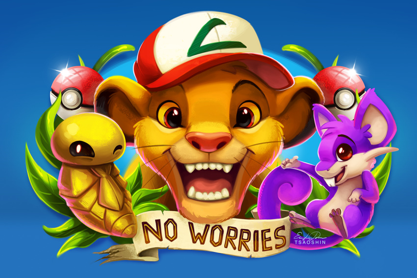 3others :d baseball_cap black_eyes blue_background brown_eyes cocoon commentary creature creatures_(company) crossover disney english_commentary english_text eric_proctor fangs game_freak gen_1_pokemon hakuna_matata happy hat kakuna lion_cub mouse nintendo no_humans olm_digital one_eye_closed open_mouth poke_ball poke_ball_(generic) pokemon pokemon_(creature) pun rat rattata satoshi_(pokemon) satoshi_(pokemon)_(classic) satoshi_(pokemon)_(cosplay) signature simba simple_background smile the_lion_king