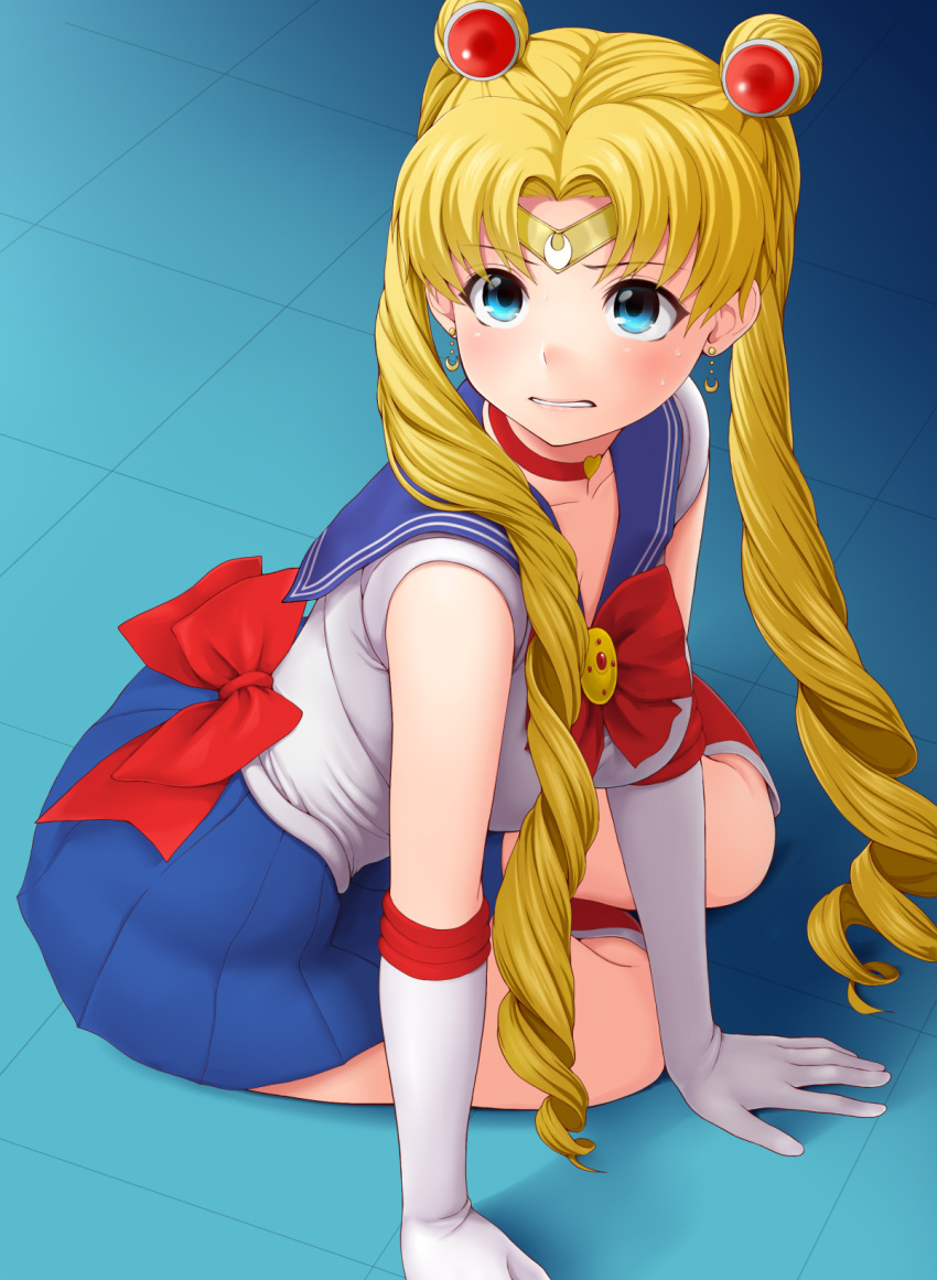 1girl bishoujo_senshi_sailor_moon blonde_hair blue_eyes blue_sailor_collar blue_skirt choker collarbone commentary_request derivative_work double_bun duzimura eyebrows_visible_through_hair gloves heart heart_choker highres long_hair red_choker sailor_collar sailor_moon sailor_moon_redraw_challenge sailor_senshi sailor_senshi_uniform screencap_redraw skirt solo tsukino_usagi twintails white_gloves