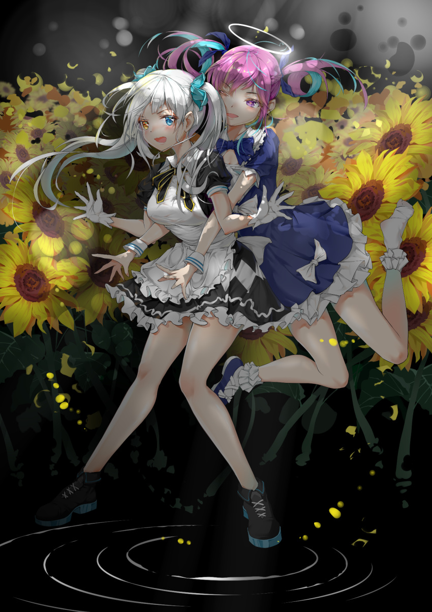 2girls apron blush breasts crossover flower hair_ornament halo heterochromia highres hololive hug hug_from_behind jumping kagura_mea kagura_mea_channel long_hair minato_aqua multiple_girls open_mouth purple_hair silver_hair sunflower twintails violet_eyes virtual_youtuber