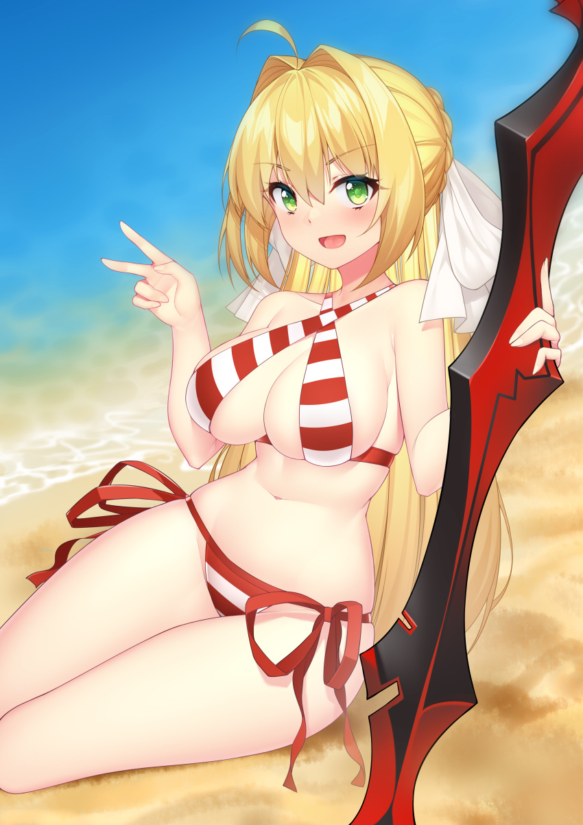 1girl absurdres aestus_estus ahoge beach bikini blonde_hair breasts criss-cross_halter fate/grand_order fate_(series) green_eyes hair_bun hair_intakes halter_top halterneck highres large_breasts nero_claudius_(fate)_(all) nero_claudius_(swimsuit_caster)_(fate) ocean red_bikini side-tie_bikini sitting solo striped striped_bikini swimsuit v wu_yao_jun