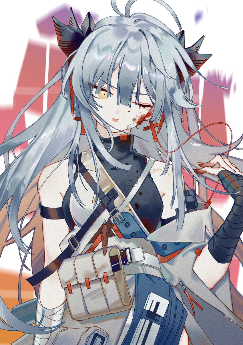 1girl absurdres alternate_costume ami_(34849422) antenna_hair arknights arm_strap bandaged_arm bandages bangs bare_shoulders black_shirt blood blood_on_face commentary eyebrows_visible_through_hair hair_between_eyes hand_up head_tilt highres horns huge_filesize long_hair looking_at_viewer one_eye_closed pouch saria_(arknights) shirt silver_hair solo upper_body yellow_eyes