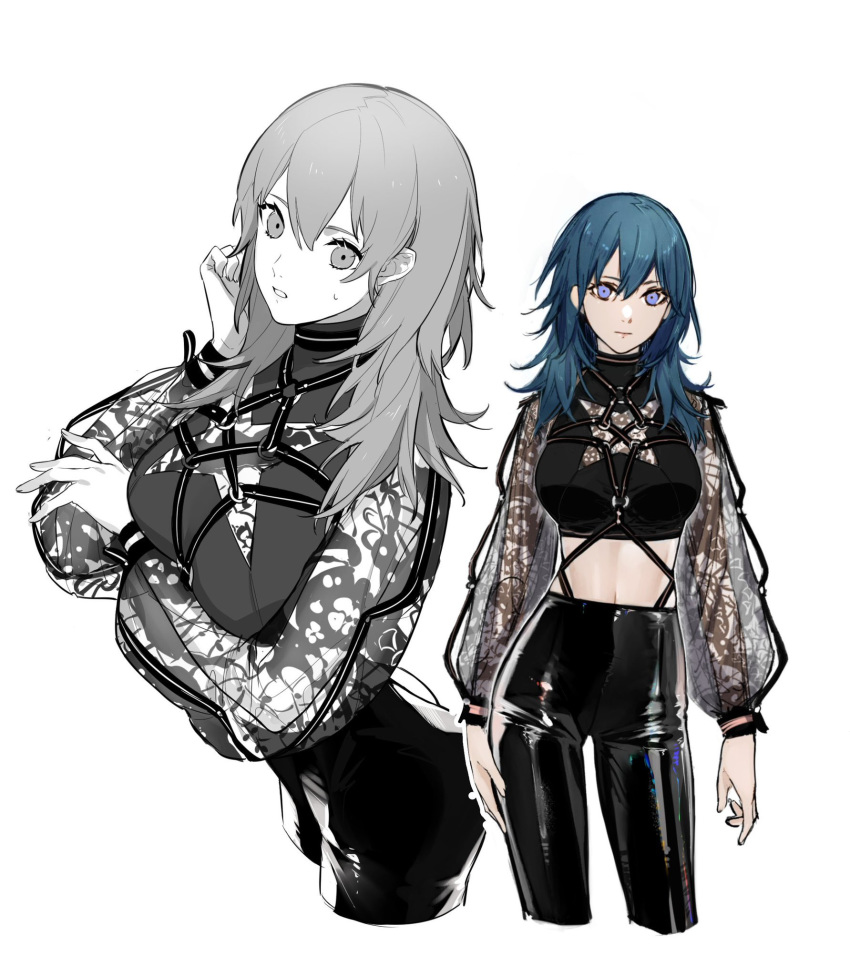 1girl alternate_costume black_pants black_shirt blue_eyes blue_hair breast_hold breasts byleth_(fire_emblem) byleth_eisner_(female) closed_mouth clovisxvii commentary contrapposto cowboy_shot crop_top expressionless fire_emblem fire_emblem:_three_houses greyscale hair_between_eyes highres large_breasts leather leather_pants lips long_hair long_sleeves looking_at_viewer midriff monochrome multiple_views navel o-ring o-ring_top pants partially_colored see-through_sleeves shiny shiny_clothes shirt simple_background strap sweatdrop turtleneck white_background