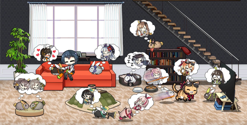 &gt;_&lt; 404_(girls_frontline) 6+girls :3 alternate_costume anger_vein animal_ears anti-rain_(girls_frontline) bangs black_bow black_hair blush book bookshelf bow bowl braid carrot cat cat_ears cat_tail chibi collar commentary controller couch crying crying_with_eyes_open curtains eating english_commentary eyebrows_visible_through_hair eyepatch eyewear_on_head flower g11_(girls_frontline) game_controller girls_frontline gloves green_hair grey_hair guard_rail hair_flower hair_ornament hair_ribbon hat highres hk416_(girls_frontline) indoors kalina_(girls_frontline) kalinya kotatsu long_hair m16a1_(girls_frontline) m4_sopmod_ii_(girls_frontline) m4a1_(girls_frontline) megaphone multicolored_hair multiple_girls o_o orange_hair paw_print pencil pet_bed pet_bowl pillow pink_hair plant pot rabbit rabbit_ears red_ribbon ribbon ro635_(girls_frontline) scar scar_across_eye shelf side_ponytail silver_hair sleeping spiral st_ar-15_(girls_frontline) stairs streaked_hair sunglasses table tail tears television the_mad_mimic top_hat ump40_(girls_frontline) ump45_(girls_frontline) ump9_(girls_frontline) white_gloves window zzz