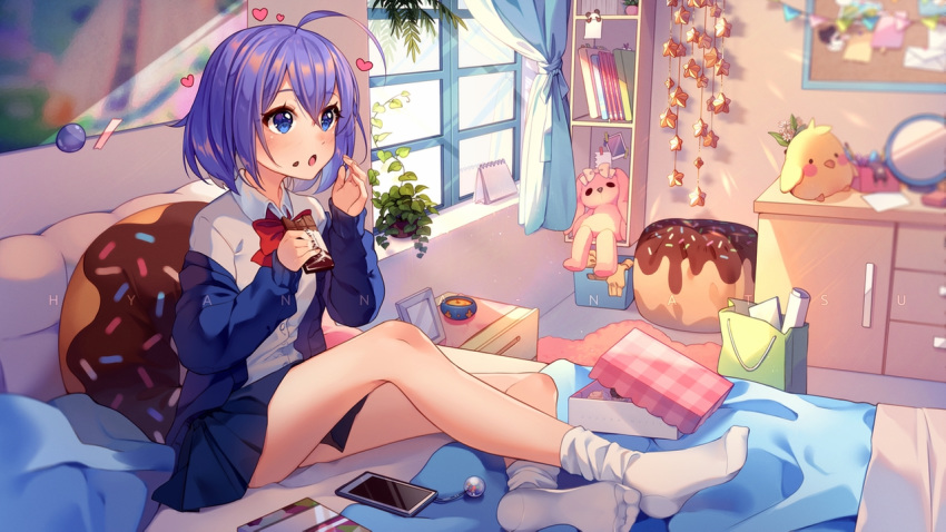 1girl ahoge artist_name bangs bedroom blue_eyes blue_jacket blue_skirt blurry blurry_background bow box bulletin_board candy cellphone chocolate chocolate_bar collared_shirt commentary commission curtains depth_of_field dress_shirt english_commentary eyebrows_visible_through_hair food food_on_face hair_between_eyes heart holding holding_food hyanna-natsu indoors jacket mirror no_shoes off_shoulder on_bed open_clothes open_jacket original parted_lips phone pillow pleated_skirt purple_hair red_bow school_uniform shirt short_hair skirt socks soles solo stuffed_animal stuffed_bird stuffed_bunny stuffed_toy watermark white_legwear white_shirt window