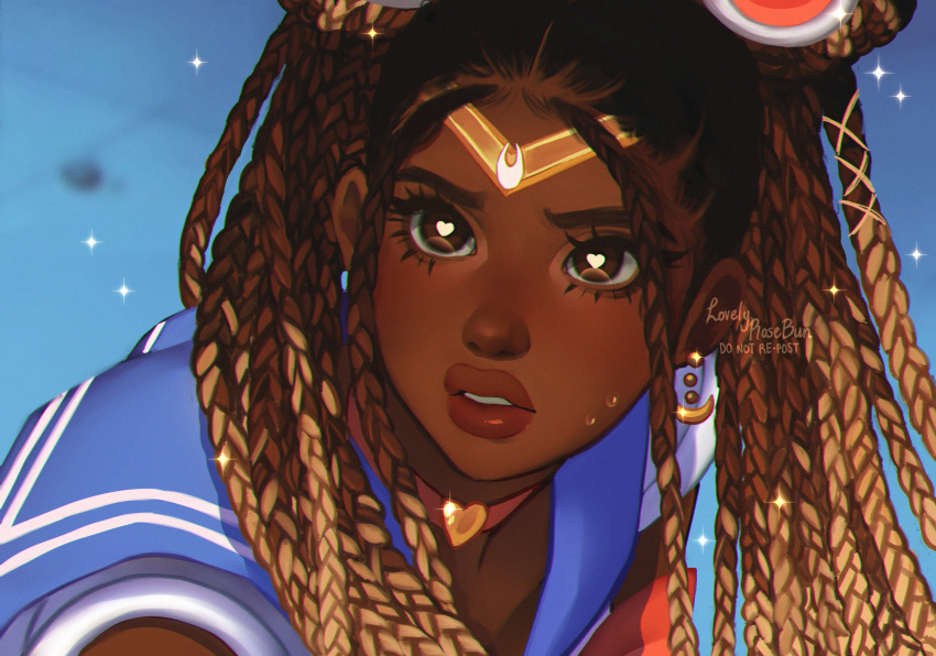 1girl bishoujo_senshi_sailor_moon blue_background blue_sailor_collar brown_hair commentary dark_skin earrings english_commentary eyelashes face highres jewelry long_hair lovelyrosebun parted_lips sailor_collar sailor_moon_redraw_challenge signature simple_background solo sparkle sweat tagme