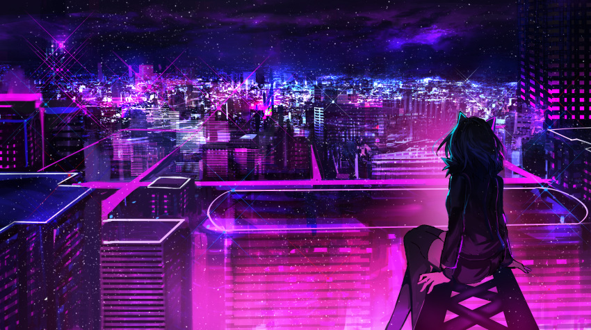 1girl absurdres animal_ears arm_support black_hair black_legwear building cat_ears cityscape colorful commentary english_commentary facing_away fake_animal_ears feet_out_of_frame highres huge_filesize long_sleeves neon_trim night night_sky original outdoors purple_shirt purple_shorts shirt short_shorts shorts sitting sky skyscraper sleeves_past_wrists solo tarbo_(exxxpiation) thigh-highs