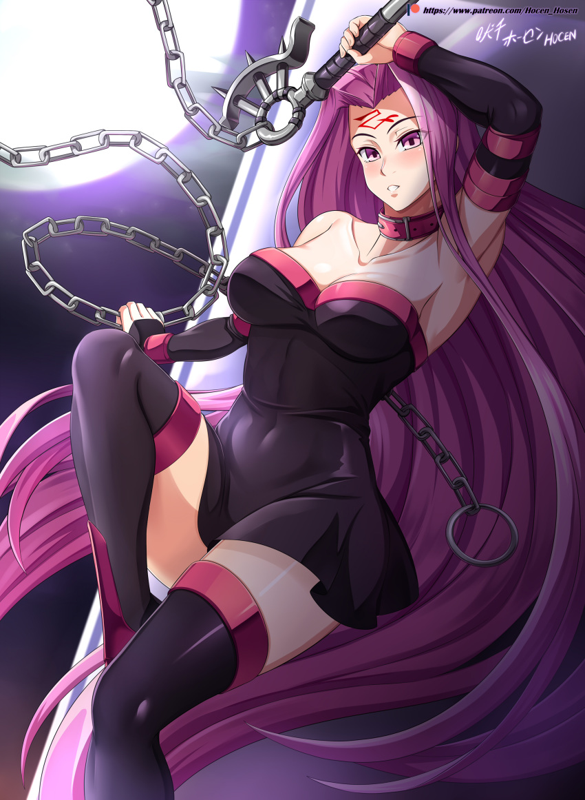 1girl absurdres black_dress black_footwear boots breasts collar collarbone detached_sleeves dress facial_mark fate/grand_order fate/stay_night fate_(series) forehead_mark high_heel_boots high_heels highres large_breasts long_hair nameless_dagger purple_hair rider short_dress solo square_pupils thigh-highs thigh_boots very_long_hair vilde_loh_hocen violet_eyes