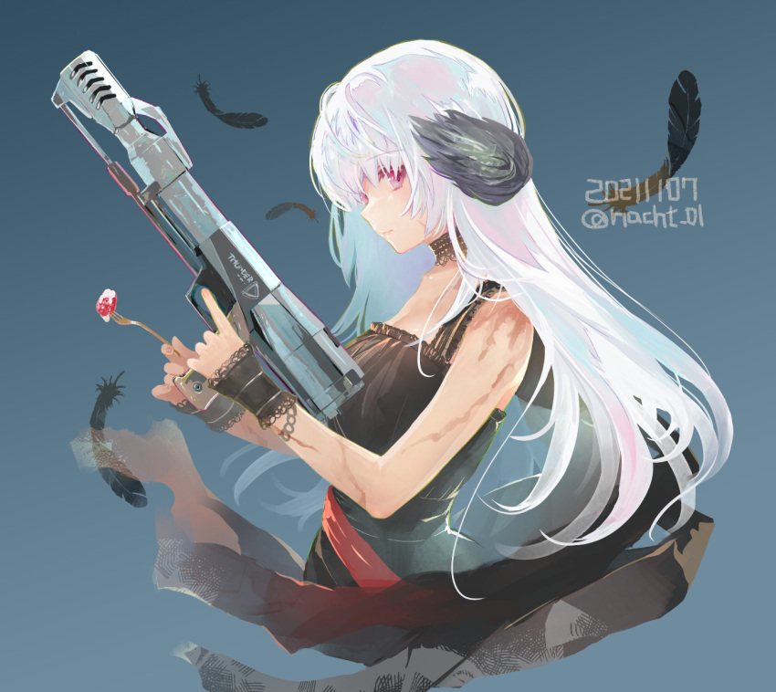 1girl banned_artist bare_shoulders black_dress blue_background dated dress feathers fork girls_frontline gun highres holding holding_fork holding_gun holding_weapon long_hair looking_at_viewer nacht official_alternate_costume pink_eyes profile scar sleeveless sleeveless_dress solo thunder_(girls'_frontline) triple_action_thunder twitter_username upper_body weapon white_hair